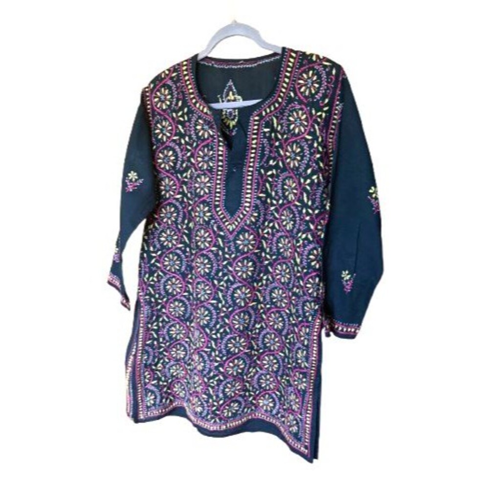 NWOT HANDMADE 100% COTTON KURTA TUNIC ETHNIC CHIKAN EMBROIDERY SZ 44/XL